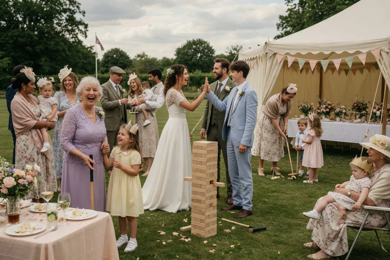 Multi-generational wedding guests celebrating outdoors with garden games